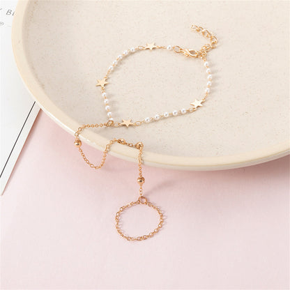 Pearl and 18K Gold-Plated Star Ankle-To-Toe Ring Anklet, gold statement rings for women, botanical inspired, side view