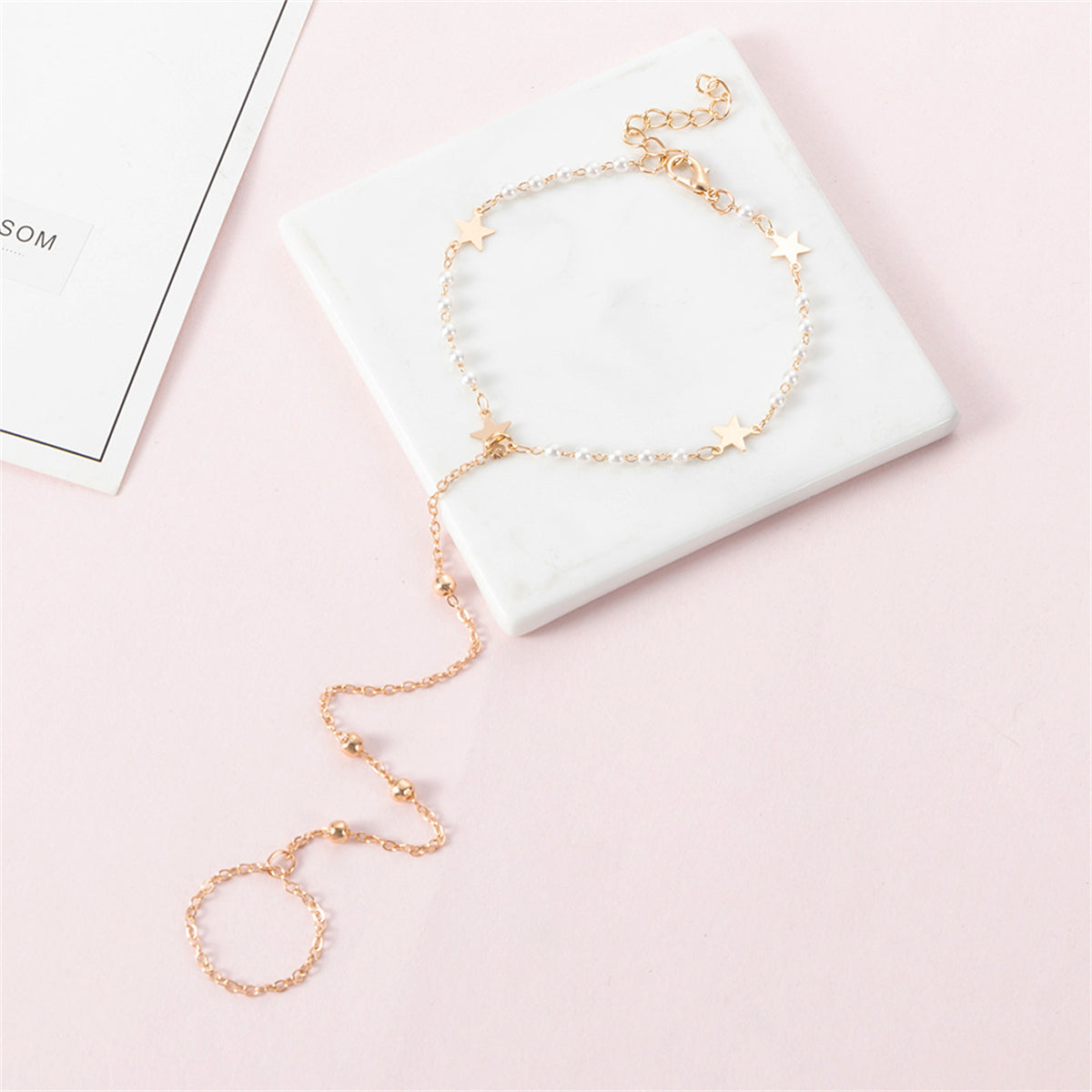 Pearl and 18K Gold-Plated Star Ankle-To-Toe Ring Anklet, gold statement rings for women, botanical inspired, detail close-up