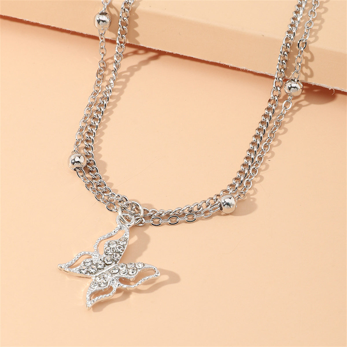 Cubic Zirconia & Silver-Plated Butterfly Charm Layered Anklet