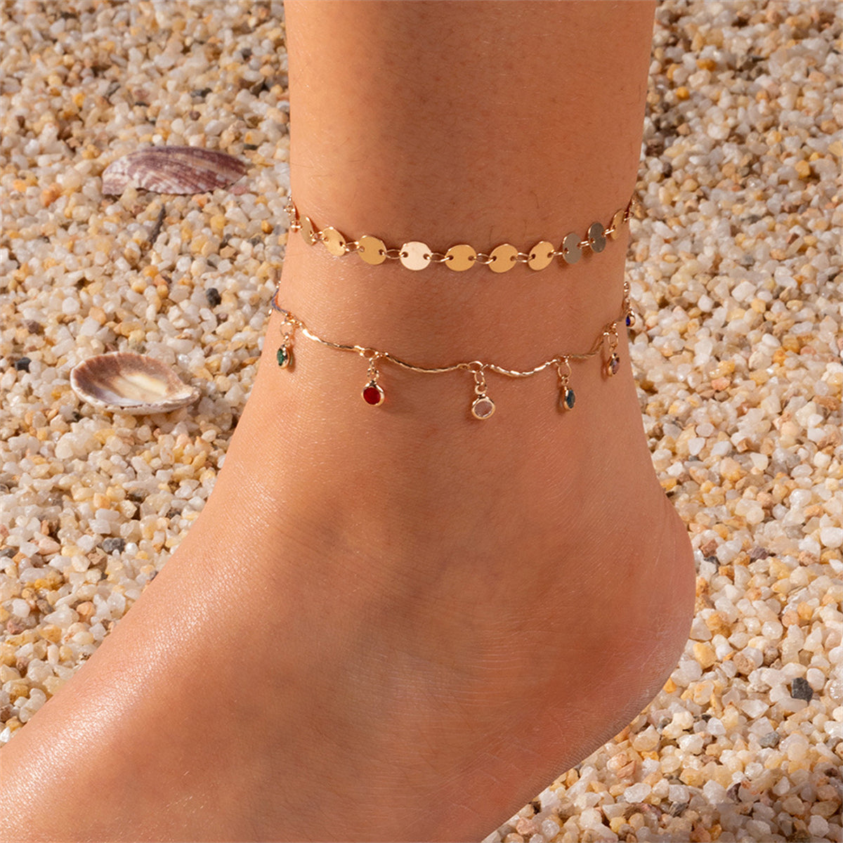 Blue Cubic Zirconia and 18K Gold-Plated Sequin Station Two-Piece Anklet Set, gold anklet bracelet, front view