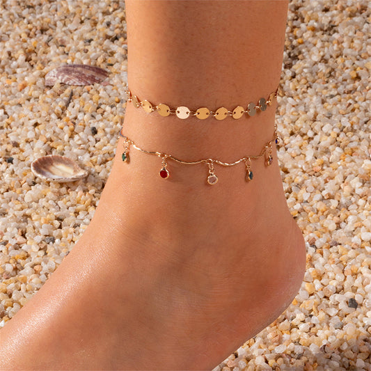 Blue Cubic Zirconia and 18K Gold-Plated Sequin Station Two-Piece Anklet Set, gold anklet bracelet, front view