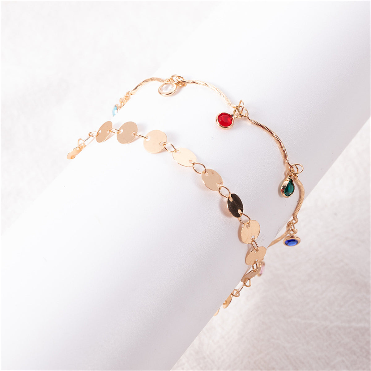Blue Cubic Zirconia and 18K Gold-Plated Sequin Station Two-Piece Anklet Set, gold anklet bracelet, detail close-up