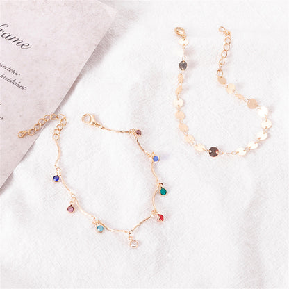 Blue Cubic Zirconia and 18K Gold-Plated Sequin Station Two-Piece Anklet Set, gold anklet bracelet, lifestyle look