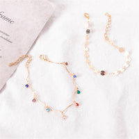 Blue Cubic Zirconia & Goldtone Sequin Station Two-Piece Anklet Set