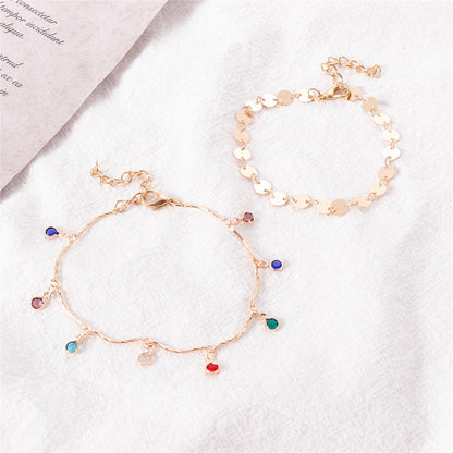 Blue Cubic Zirconia and 18K Gold-Plated Sequin Station Two-Piece Anklet Set, gold anklet bracelet, styled look