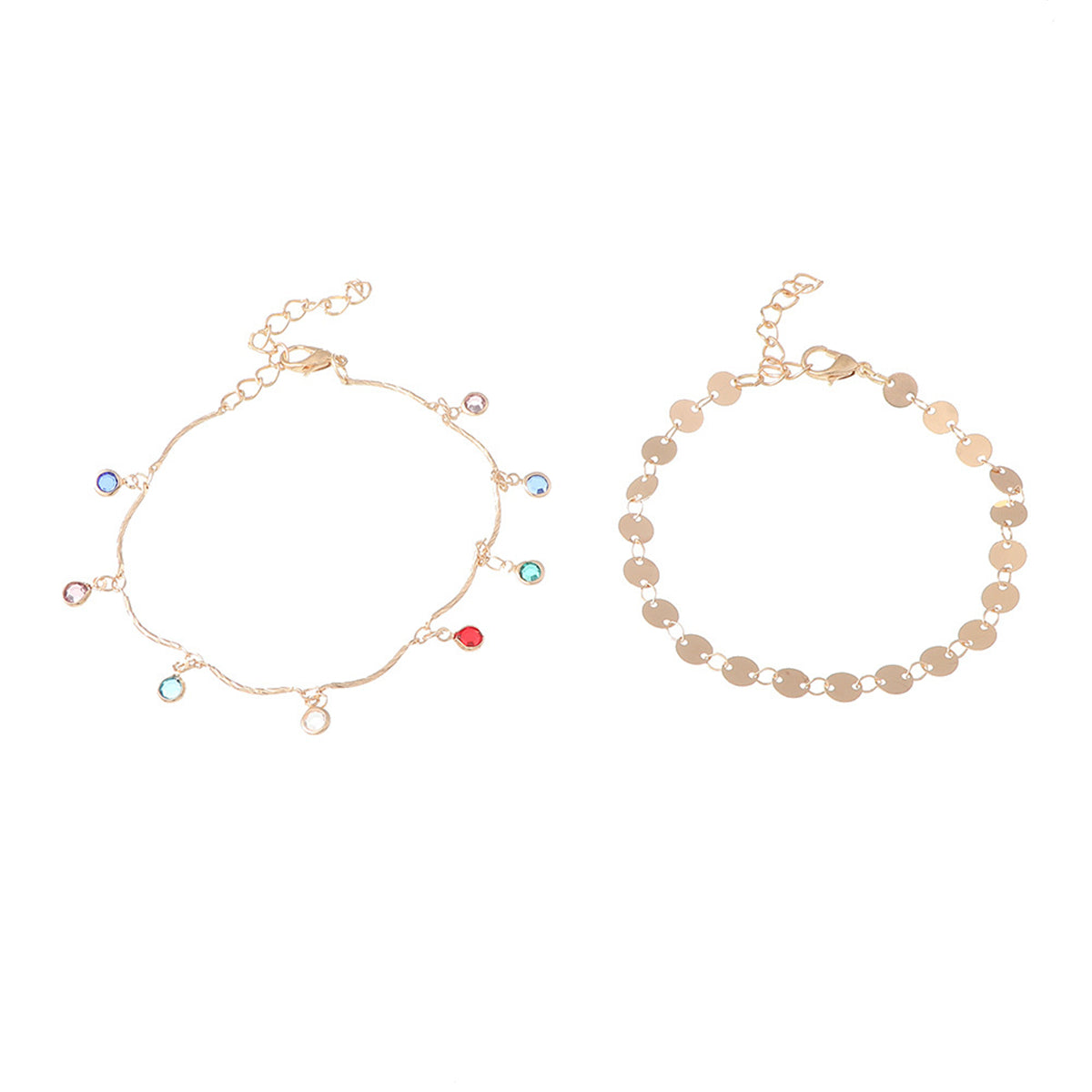 Blue Cubic Zirconia and 18K Gold-Plated Sequin Station Two-Piece Anklet Set, gold anklet bracelet, side view
