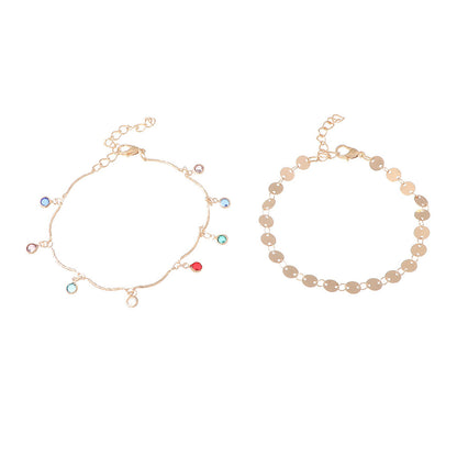 Blue Cubic Zirconia and 18K Gold-Plated Sequin Station Two-Piece Anklet Set, gold anklet bracelet, side view