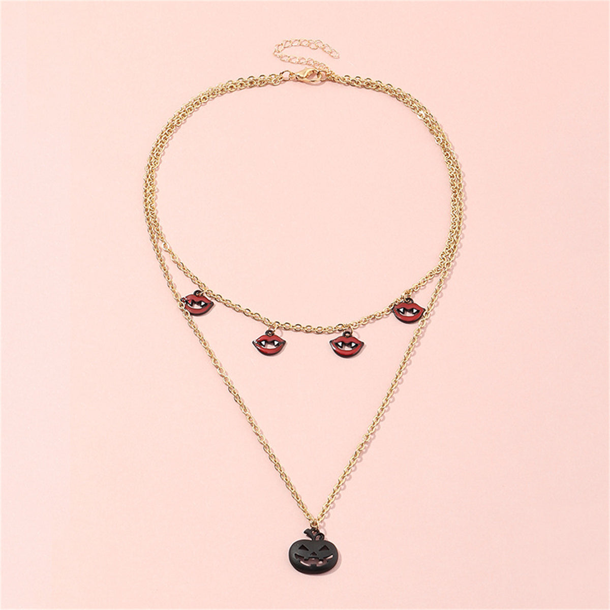 Black and Red Jack-O'-Lantern and Vampire Layered Pendant Necklace, pendant necklace for women, detail close-up