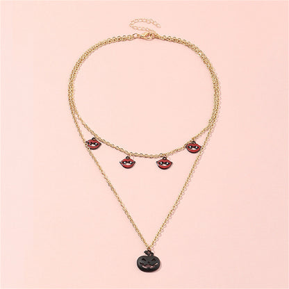 Black and Red Jack-O'-Lantern and Vampire Layered Pendant Necklace, pendant necklace for women, detail close-up