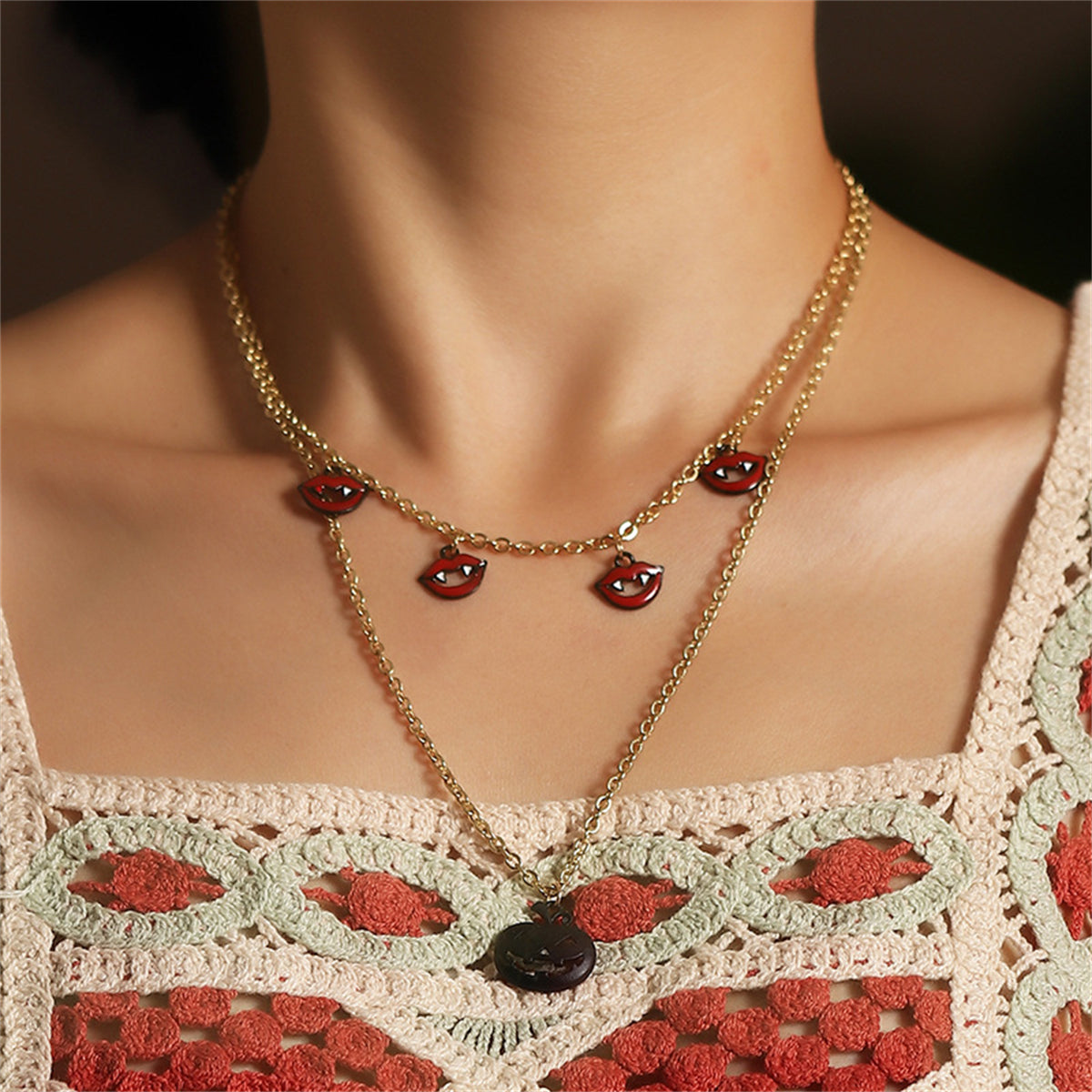 Black and Red Jack-O'-Lantern and Vampire Layered Pendant Necklace, pendant necklace for women, front view