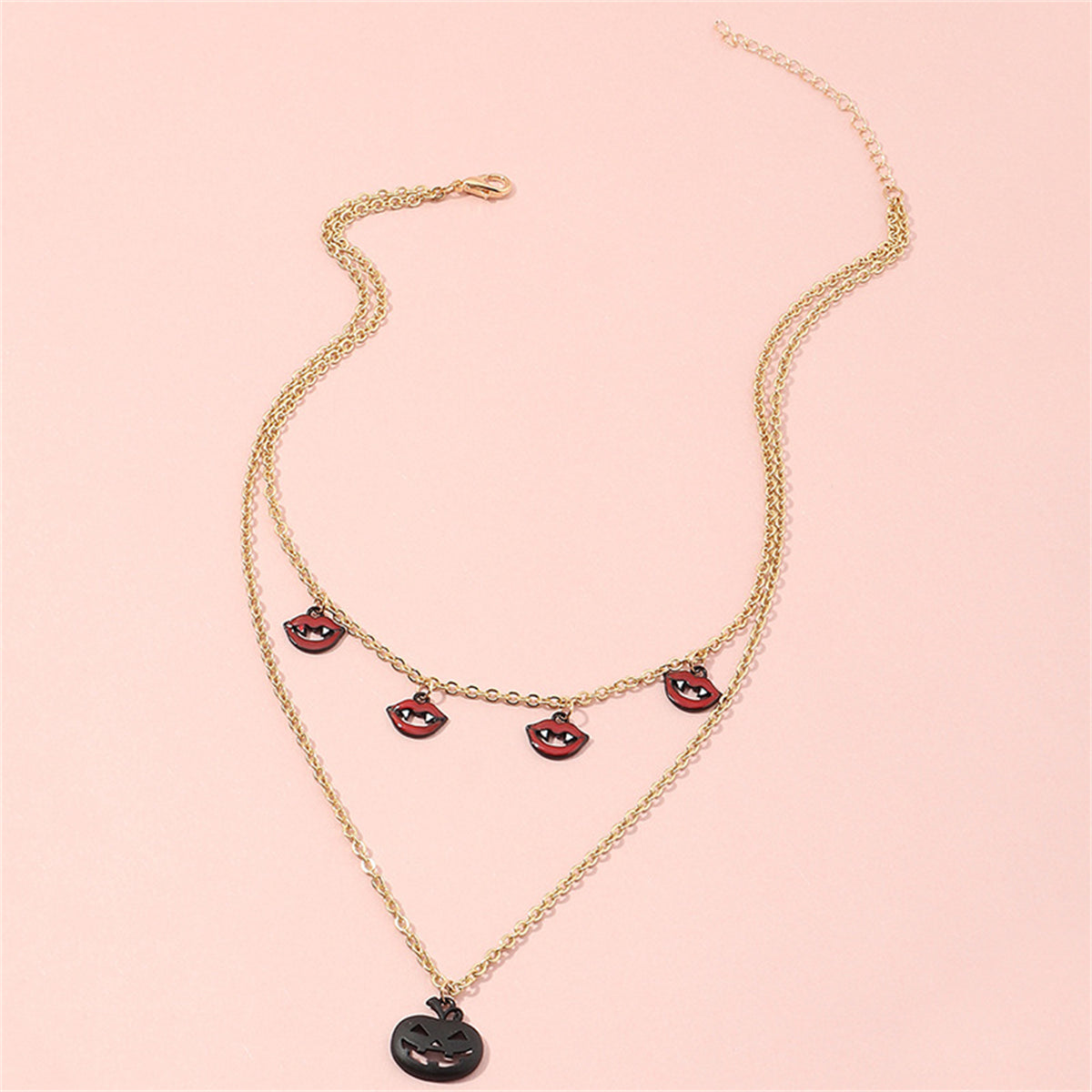 Black and Red Jack-O'-Lantern and Vampire Layered Pendant Necklace, pendant necklace for women, lifestyle look