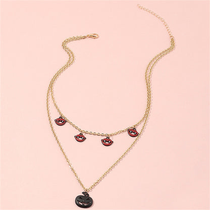 Black and Red Jack-O'-Lantern and Vampire Layered Pendant Necklace, pendant necklace for women, lifestyle look