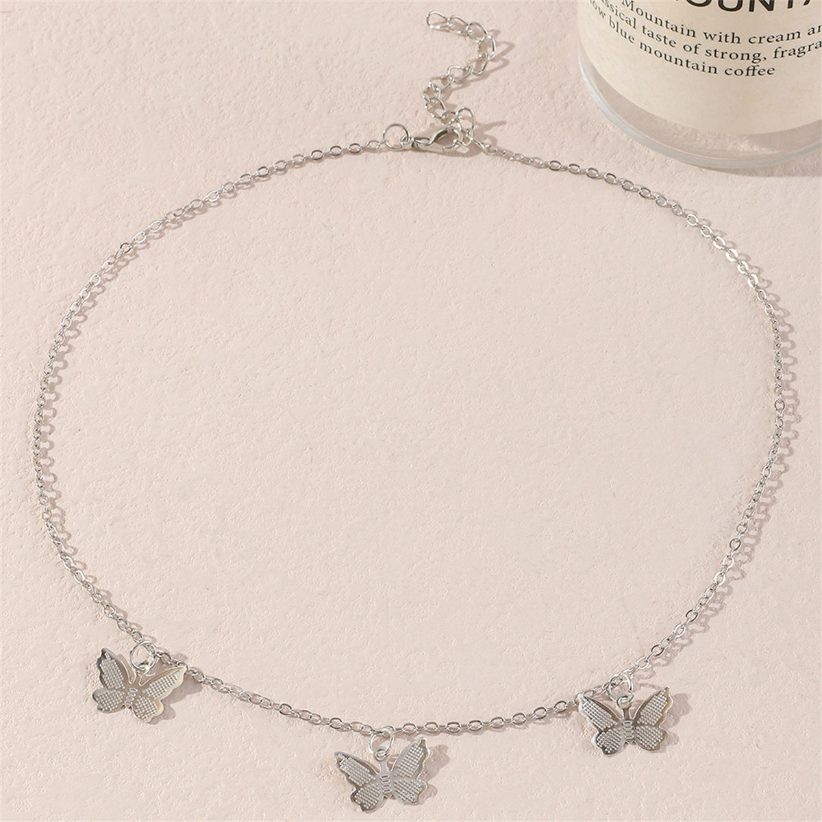 Silver-Plated Butterfly Station Necklace, silver pendant necklace for women, dainty minimalist design, side view