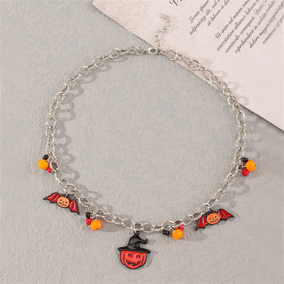 Black Enamel & Silver-Plated Bat Pumpkin Pendant Necklace