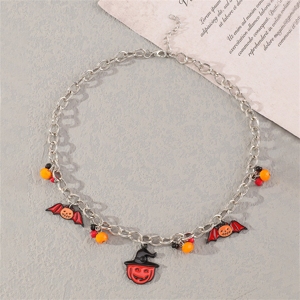 Black Enamel and Silver-Plated Bat Pumpkin Pendant Necklace, silver pendant necklace for women, lifestyle look