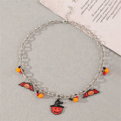 Black Enamel and Silver-Plated Bat Pumpkin Pendant Necklace, silver pendant necklace for women, lifestyle look