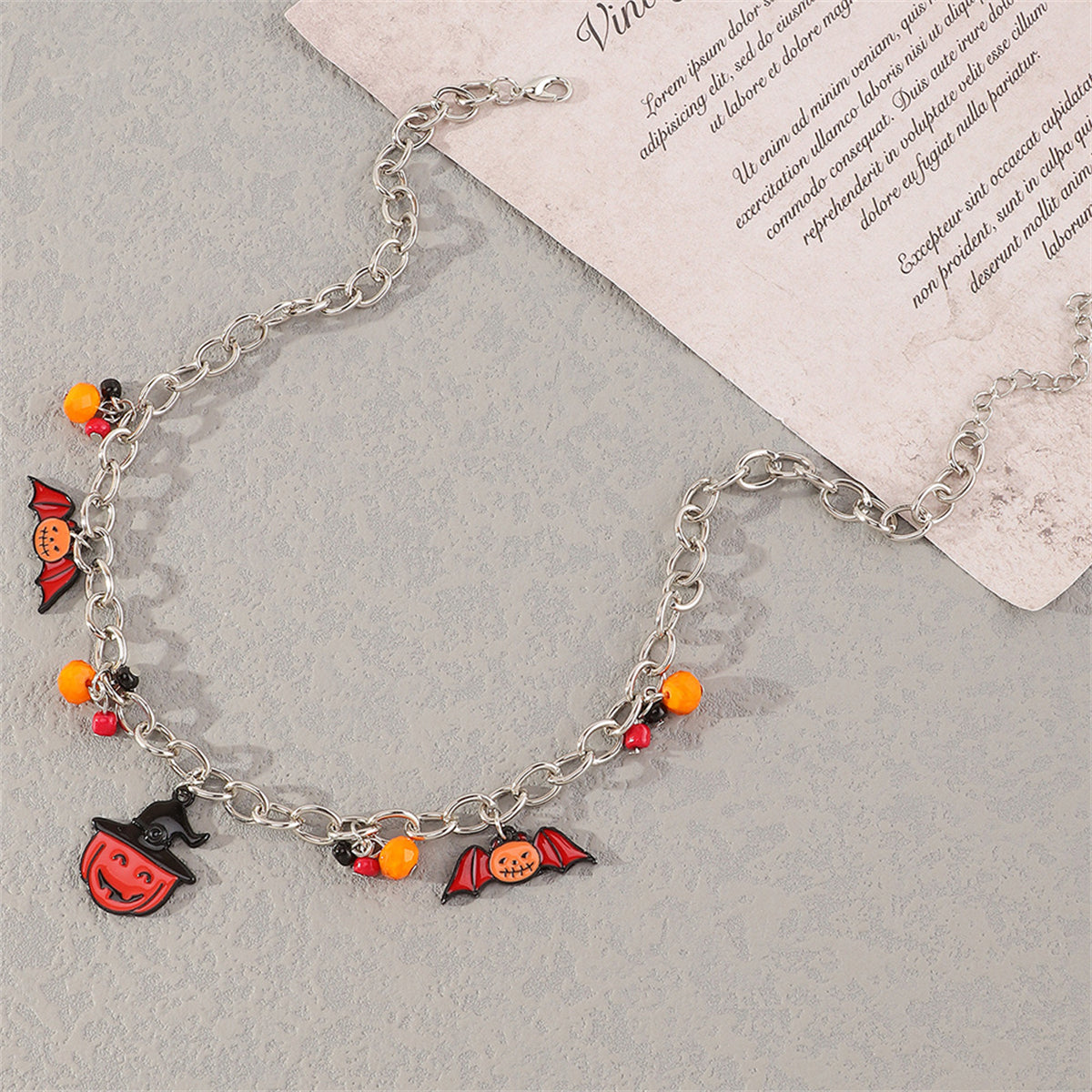 Black Enamel and Silver-Plated Bat Pumpkin Pendant Necklace, silver pendant necklace for women, styled look