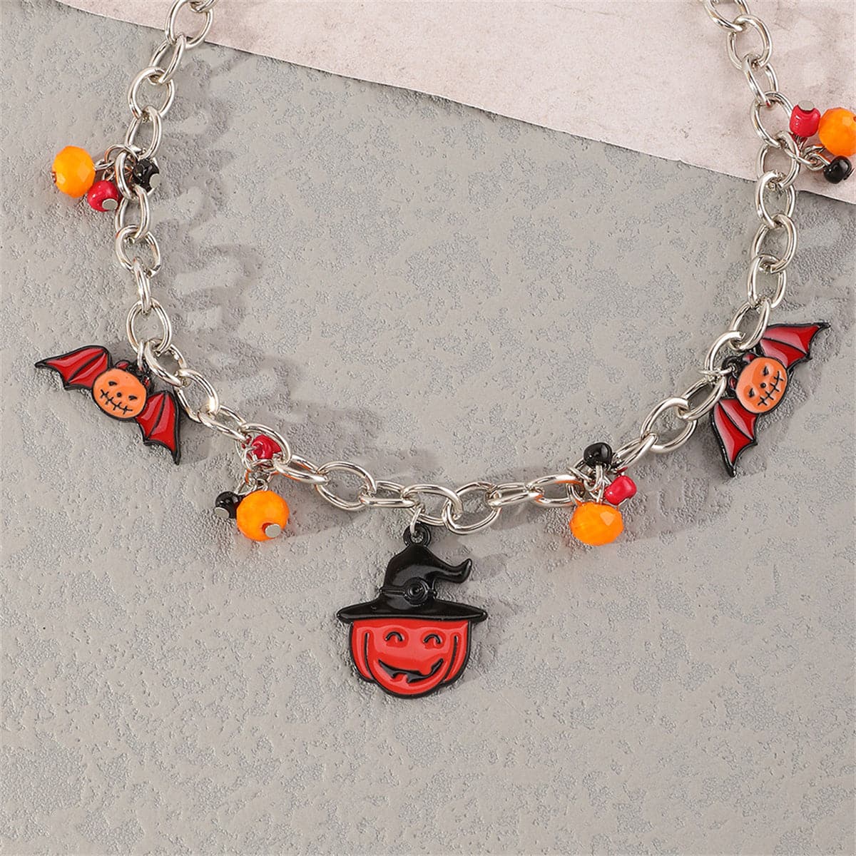 Black Enamel and Silver-Plated Bat Pumpkin Pendant Necklace, silver pendant necklace for women, front view