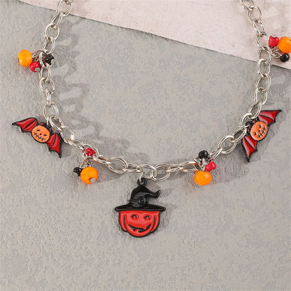 Black Enamel and Silver-Plated Bat Pumpkin Pendant Necklace, silver pendant necklace for women, front view