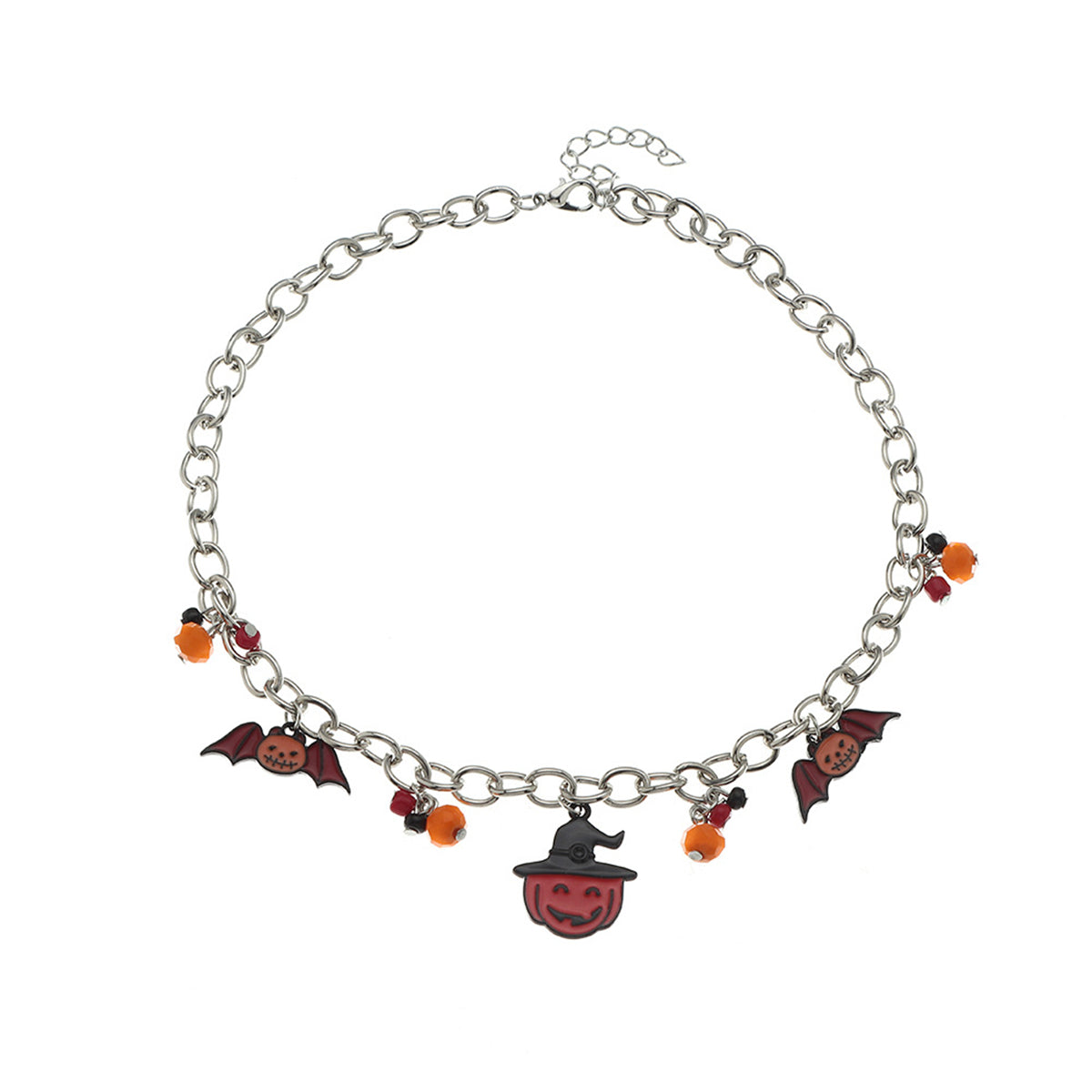 Black Enamel and Silver-Plated Bat Pumpkin Pendant Necklace, silver pendant necklace for women, detail close-up