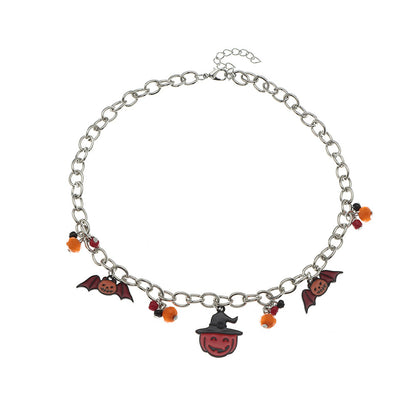 Black Enamel and Silver-Plated Bat Pumpkin Pendant Necklace, silver pendant necklace for women, detail close-up