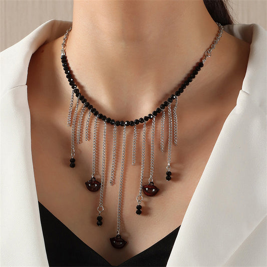 Black Acrylic and Silver-Plated Vampire Tassel Choker Necklace, silver pendant necklace for women, front view