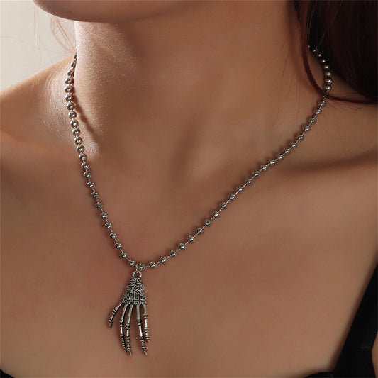 Silver-Plated Skeleton Hand Pendant Necklace, silver pendant necklace for women, botanical inspired, front view