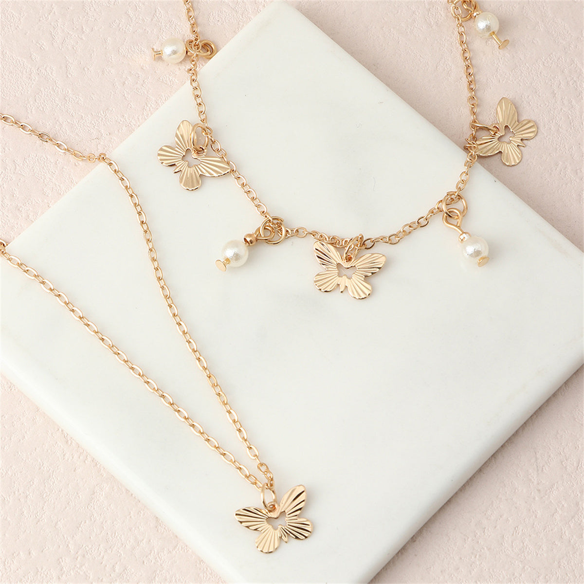Pearl & 18K Gold-Plated Butterfly Station Necklace Set