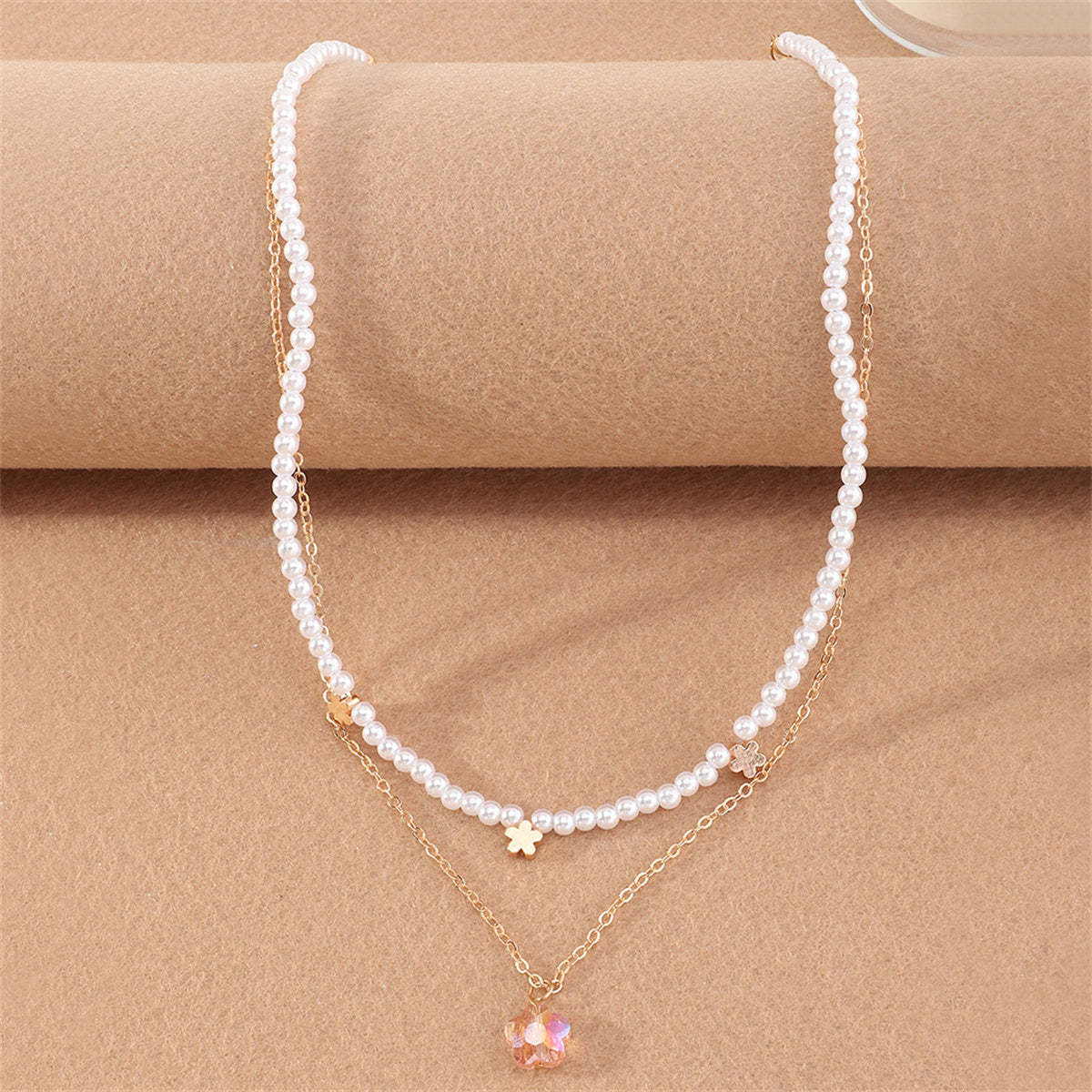 Pearl and Crystal 18K Gold-Plated Flower Layered Pendant Necklace, gold pendant necklace for women, front view