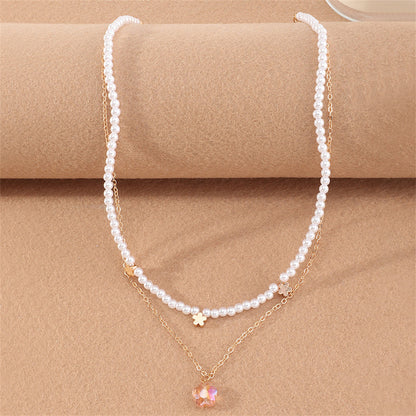 Pearl and Crystal 18K Gold-Plated Flower Layered Pendant Necklace, gold pendant necklace for women, front view