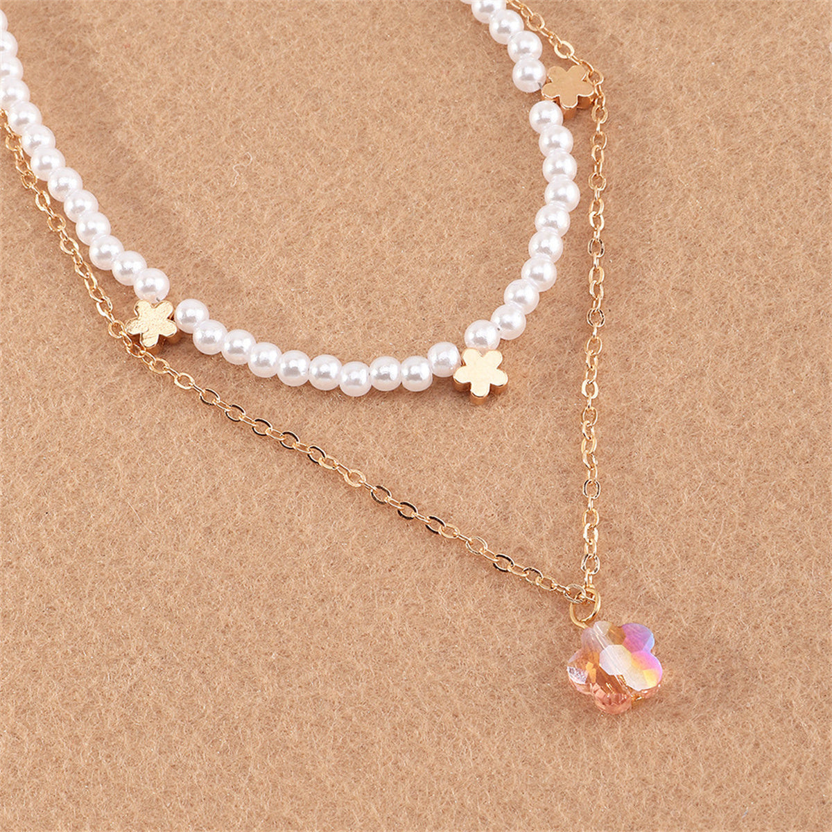 Pearl and Crystal 18K Gold-Plated Flower Layered Pendant Necklace, gold pendant necklace for women, detail close-up