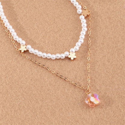 Pearl and Crystal 18K Gold-Plated Flower Layered Pendant Necklace, gold pendant necklace for women, detail close-up