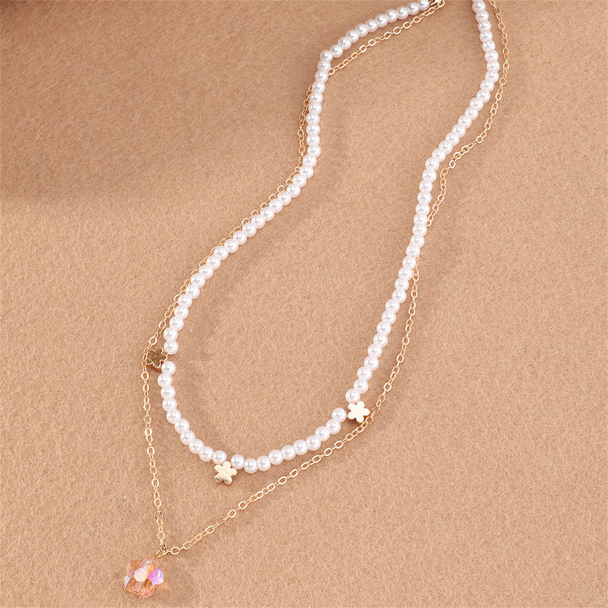 Pearl & Crystal 18K Gold-Plated Flower Layered Pendant Necklace