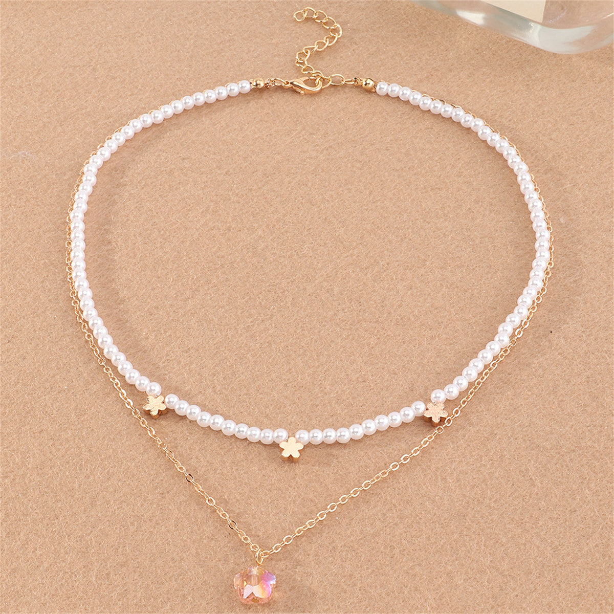 Pearl and Crystal 18K Gold-Plated Flower Layered Pendant Necklace, gold pendant necklace for women, side view