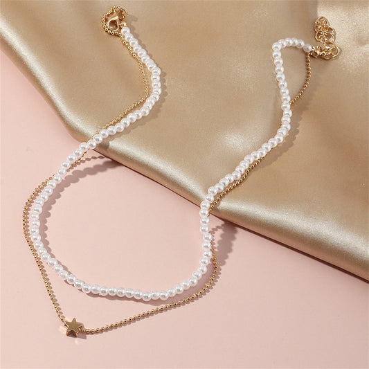 Pearl and 18K Gold-Plated Star Beaded Layered Pendant Necklace, gold pendant necklace for women, front view