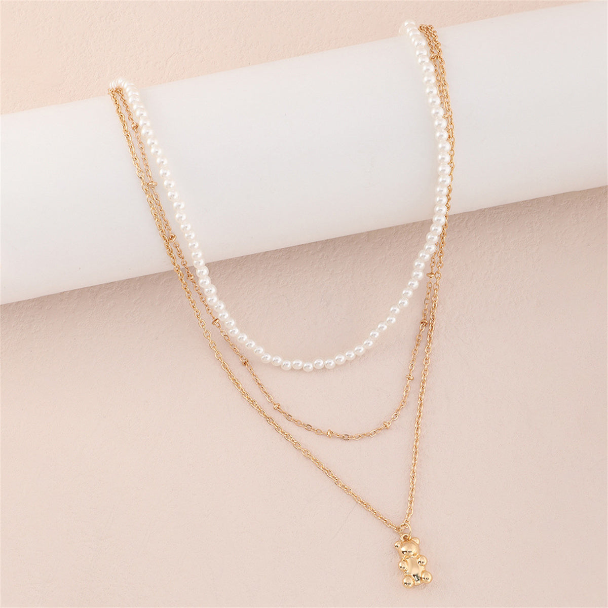 Pearl and 18K Gold-Plated Bear Layered Pendant Necklace, gold pendant necklace for women, elegant gift for her, side view