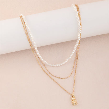 Pearl and 18K Gold-Plated Bear Layered Pendant Necklace, gold pendant necklace for women, elegant gift for her, side view