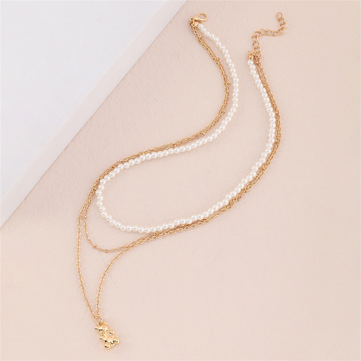 Pearl and 18K Gold-Plated Bear Layered Pendant Necklace, gold pendant necklace for women, detail close-up