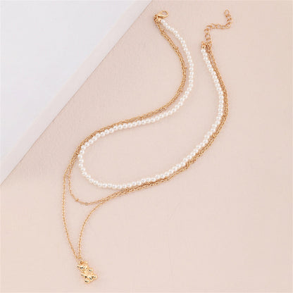 Pearl and 18K Gold-Plated Bear Layered Pendant Necklace, gold pendant necklace for women, detail close-up