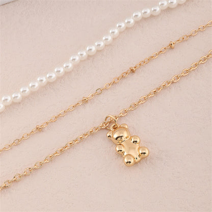 Pearl and 18K Gold-Plated Bear Layered Pendant Necklace, gold pendant necklace for women, lifestyle look