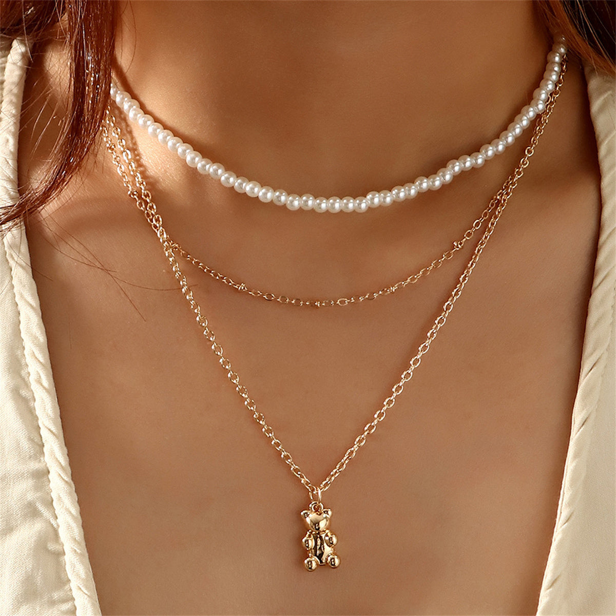 Pearl and 18K Gold-Plated Bear Layered Pendant Necklace, gold pendant necklace for women, elegant gift for her, front view