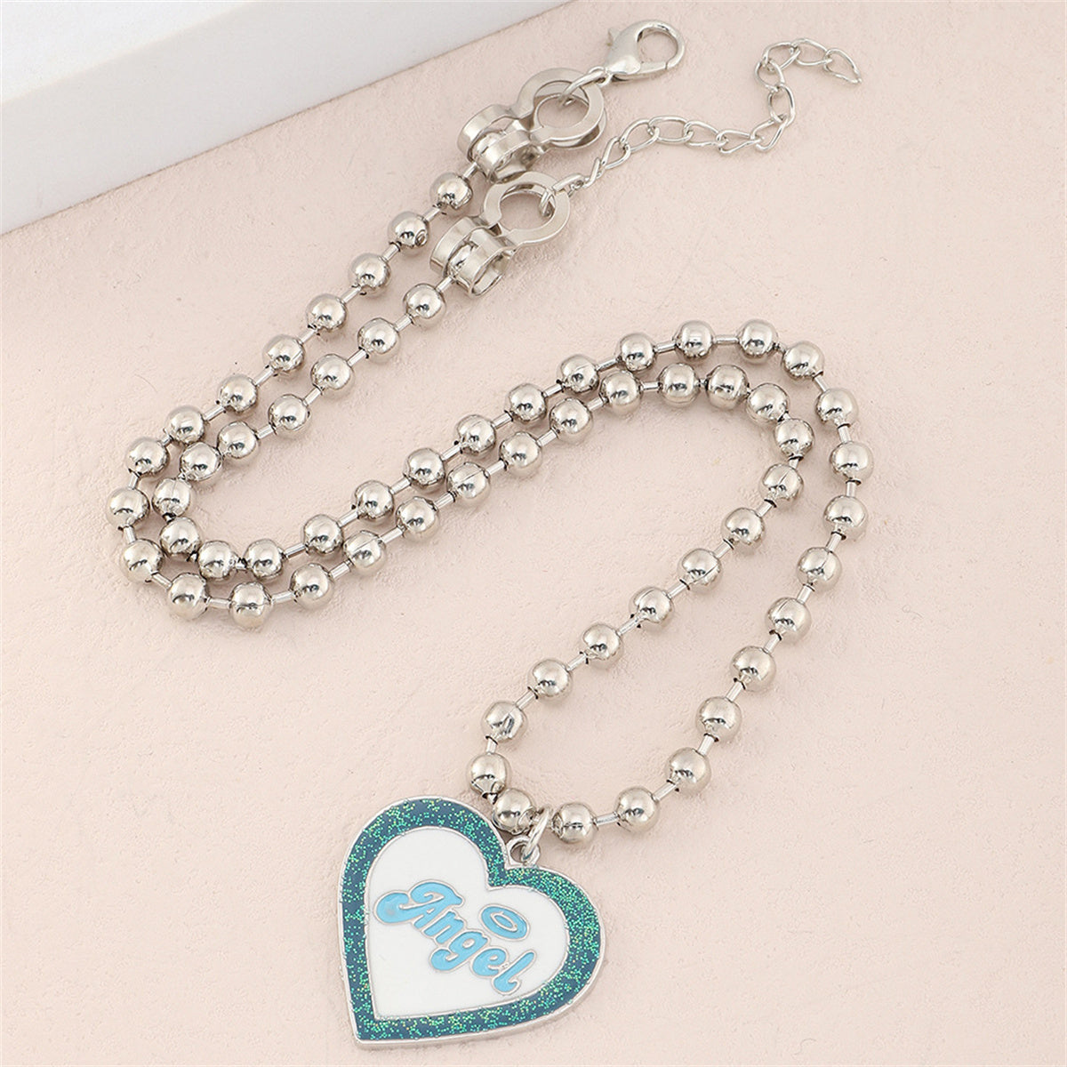 Blue Enamel and Silver-Plated 'Angel' Heart Pendant Necklace, silver pendant necklace for women, front view