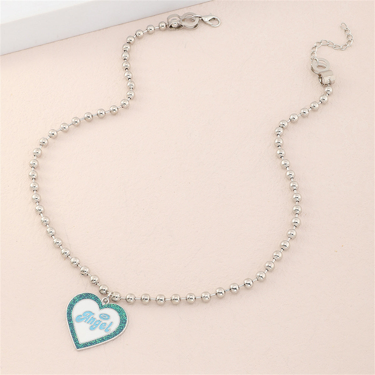 Blue Enamel and Silver-Plated 'Angel' Heart Pendant Necklace, silver pendant necklace for women, detail close-up