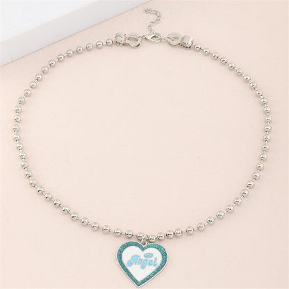 Blue Enamel and Silver-Plated 'Angel' Heart Pendant Necklace, silver pendant necklace for women, side view