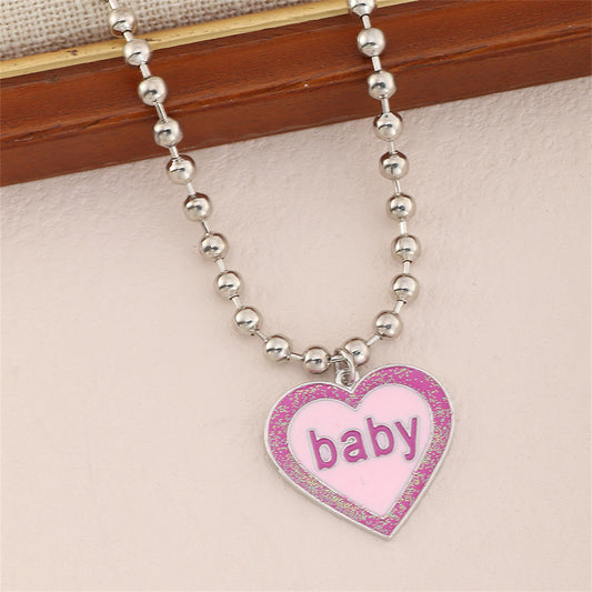 Pink Enamel and Silver-Plated 'Baby' Heart Pendant Necklace, silver pendant necklace for women, everyday style, front view