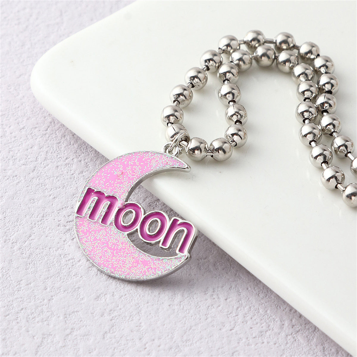 Pink Enamel and Silver-Plated 'Moon' Crescent Pendant Necklace, silver pendant necklace for women, front view