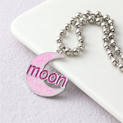 Pink Enamel and Silver-Plated 'Moon' Crescent Pendant Necklace, silver pendant necklace for women, front view