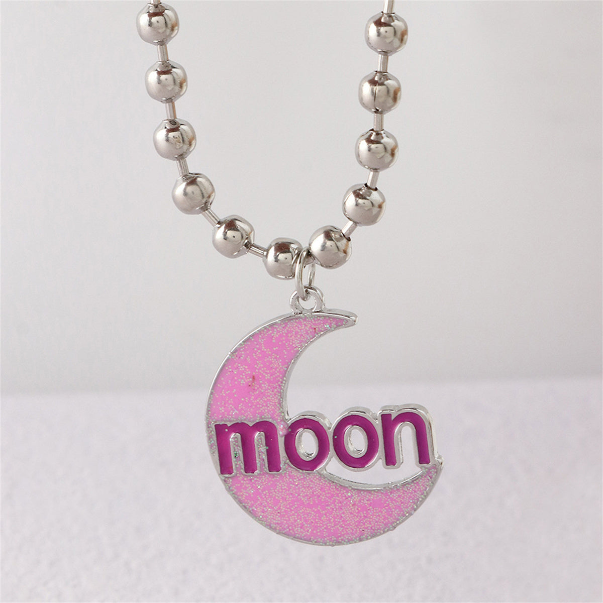 Pink Enamel and Silver-Plated 'Moon' Crescent Pendant Necklace, silver pendant necklace for women, side view