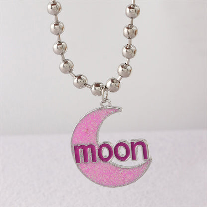 Pink Enamel and Silver-Plated 'Moon' Crescent Pendant Necklace, silver pendant necklace for women, side view