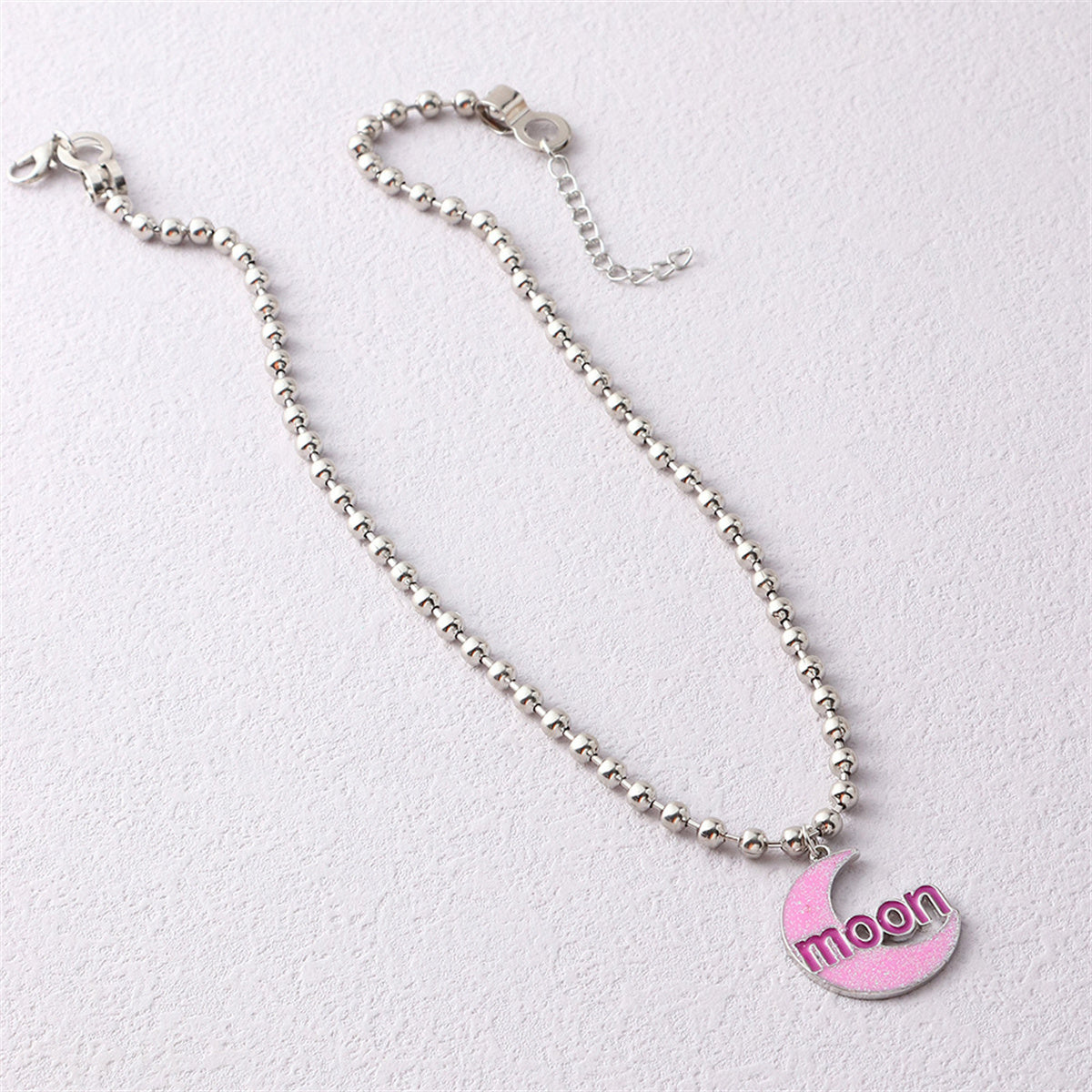 Pink Enamel and Silver-Plated 'Moon' Crescent Pendant Necklace, silver pendant necklace for women, detail close-up